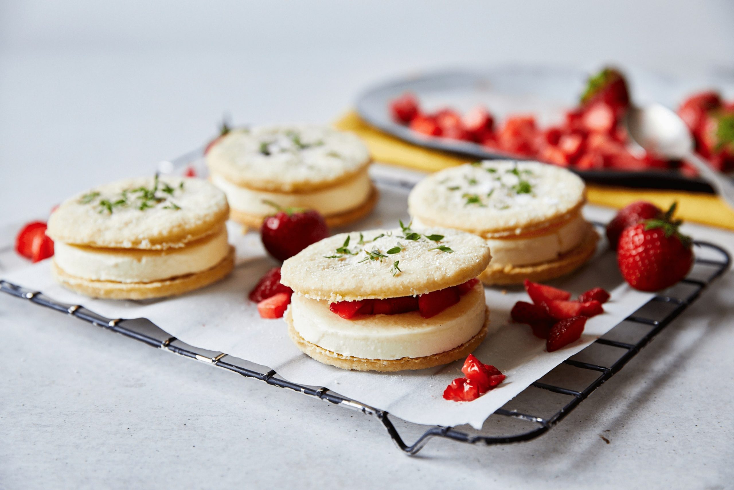 ice cream sandwich with strawberry and thyme
